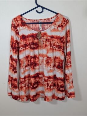 b&b Boutique Tie-Dye Orange White Red Knit V-Neck Tie Long Sleeve Top XL